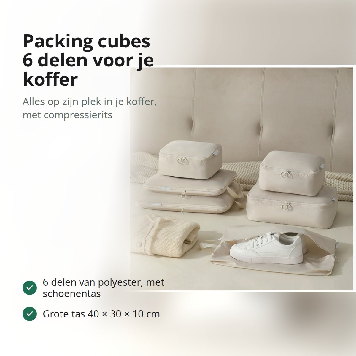 Packing cubes: set van 6 packing cubes voor de koffer, met tekst: 6 delen van polyester met schoenentas, grote tas 40 × 30 × 10 cm