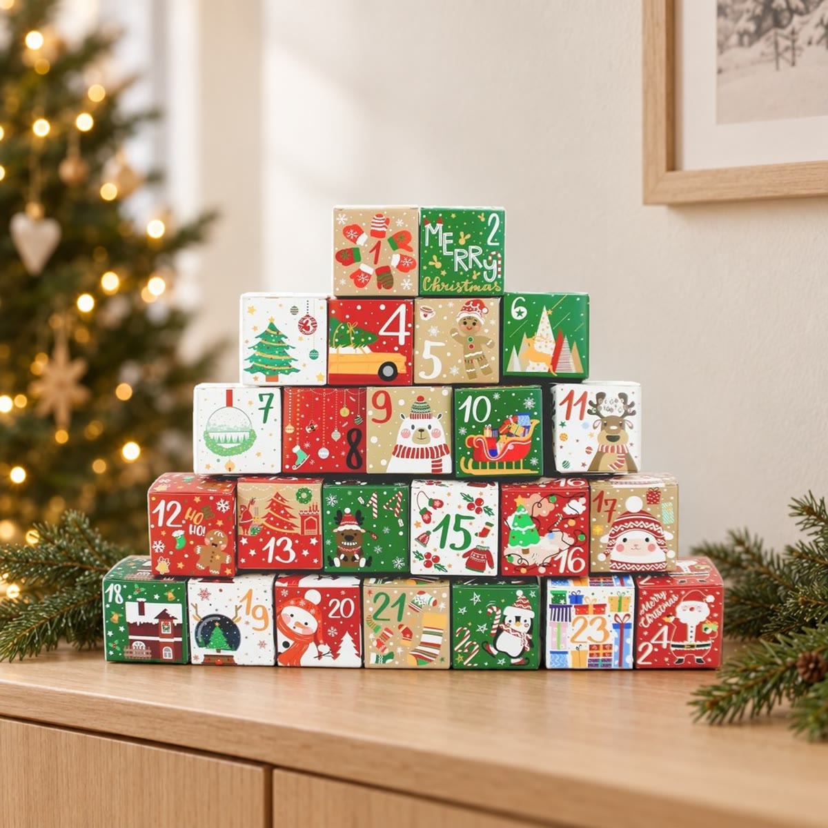 Adventskalender met 24 doosjes, als piramide gestapeld voor een kerstboom