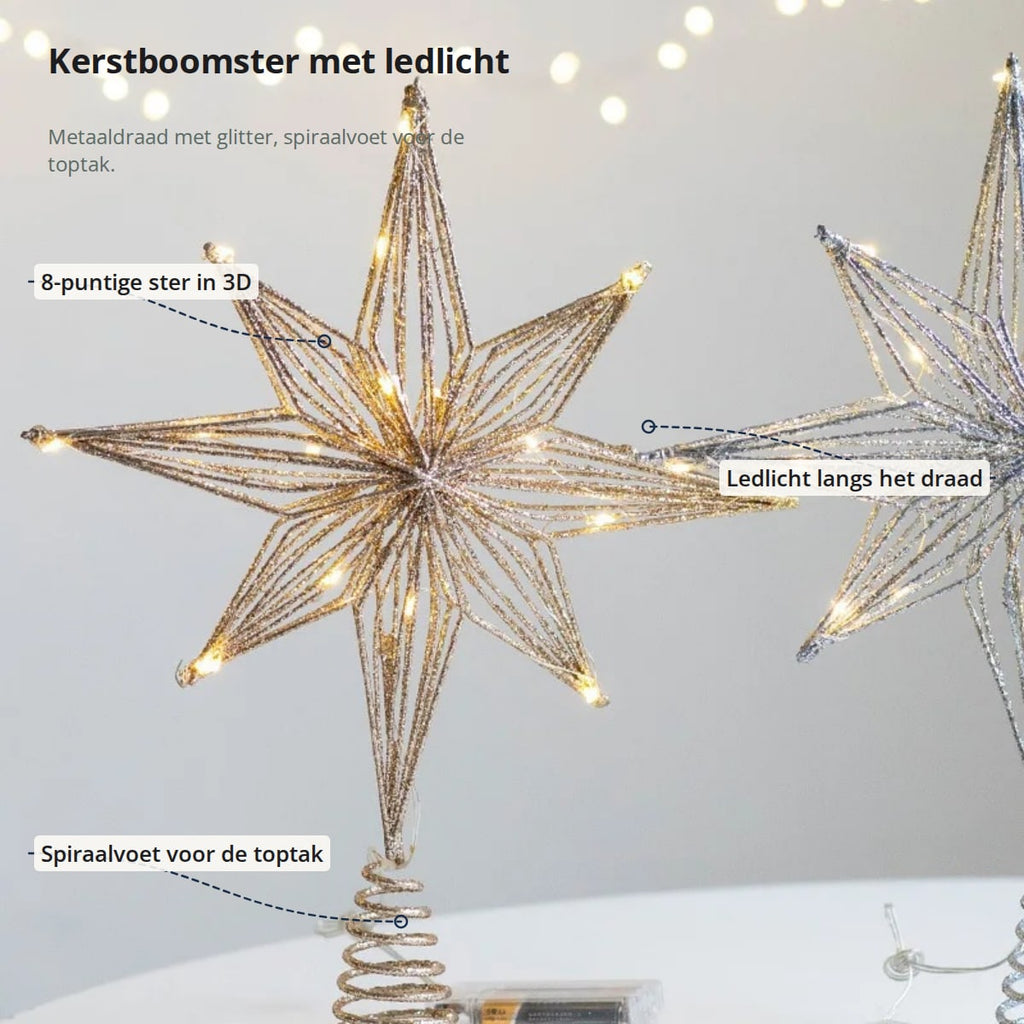 De kerstboomster met aanduidingen: 8-puntige ster in 3D, ledlicht langs het draad en spiraalvoet voor de toptak