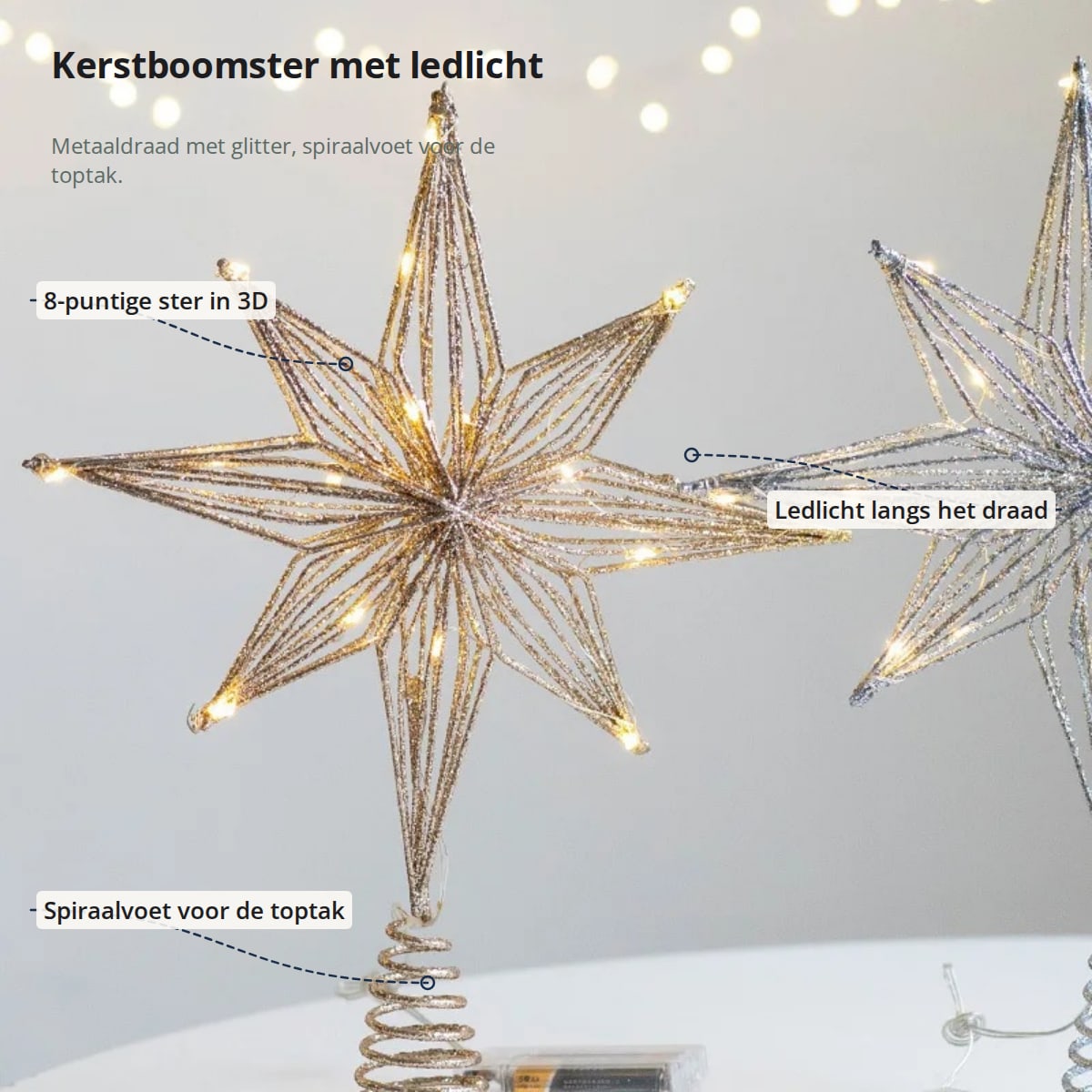 De kerstboomster met aanduidingen: 8-puntige ster in 3D, ledlicht langs het draad en spiraalvoet voor de toptak