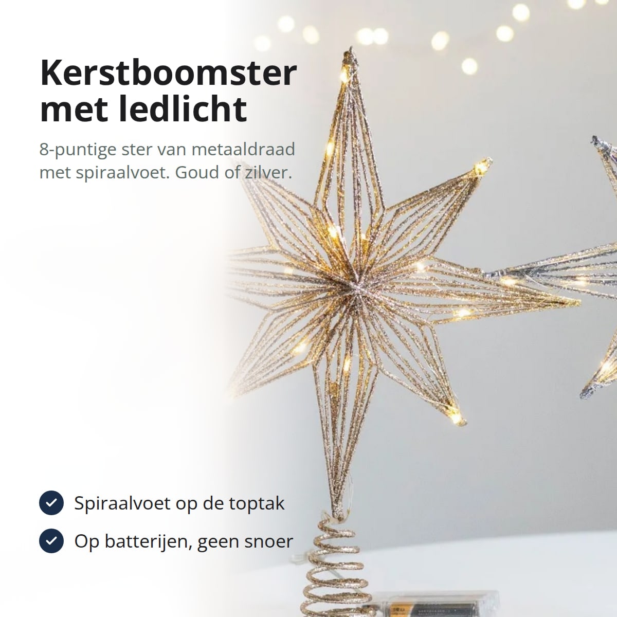 Kerstboomster van metaaldraad met ledlicht, met tekst: spiraalvoet op de toptak, op batterijen zonder snoer