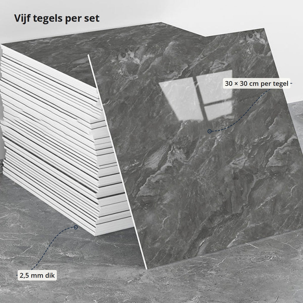 Plaktegels met aanduidingen: 2,5 mm dik en 30 × 30 cm per tegel