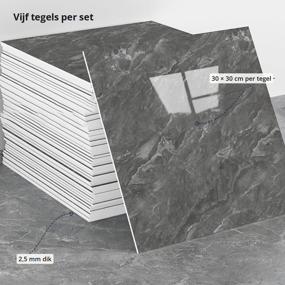 Plaktegels met aanduidingen: 2,5 mm dik en 30 × 30 cm per tegel