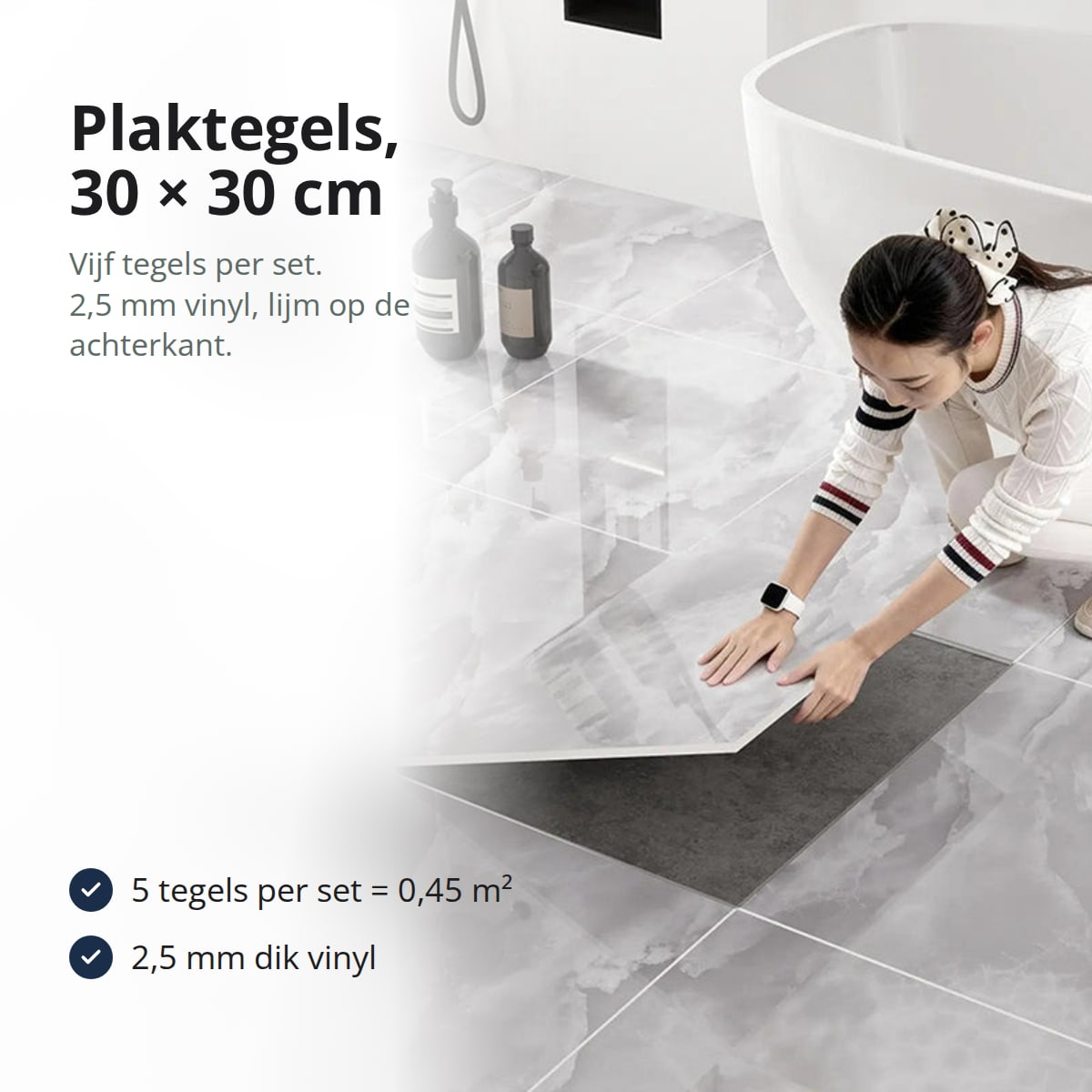 Plaktegels in marmerpatroon, met tekst: vijf tegels per set = 0,45 m², 2,5 mm dik vinyl