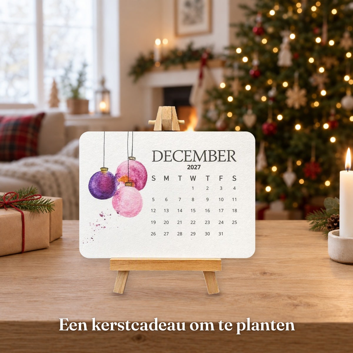 De zaadkalender op een standaardje bij de kerstboom – een kerstcadeau om te planten