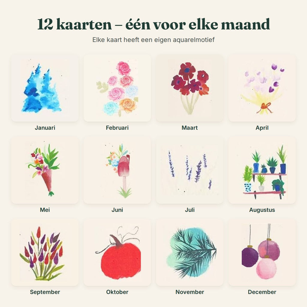 De 12 aquarelmotieven van de zaadkalender, één voor elke maand