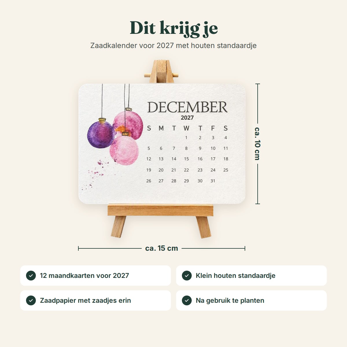 Dit krijg je: 12 maandkaarten voor 2027 en een houten standaardje, ca. 15 × 10 cm per kaart