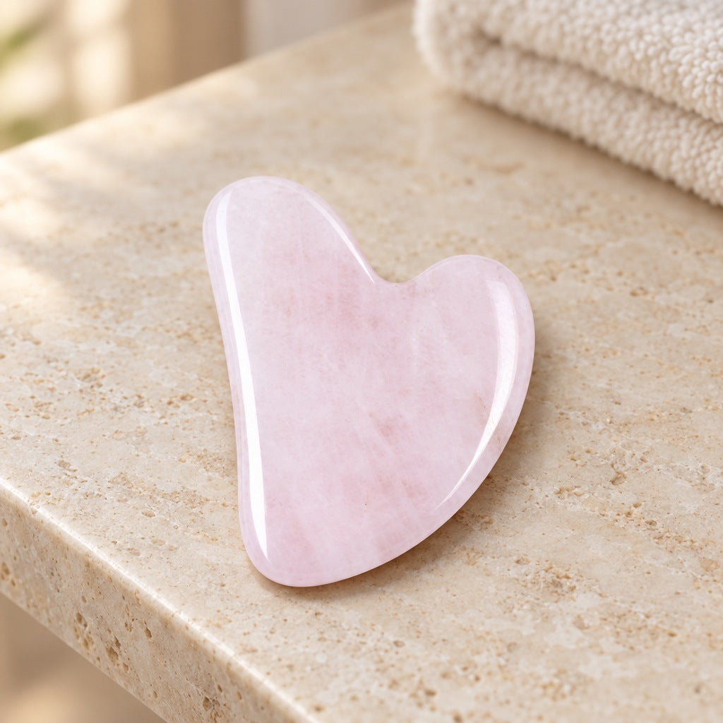 Hartvormige gua sha van roze rozenkwarts op een travertin plank in de badkamer