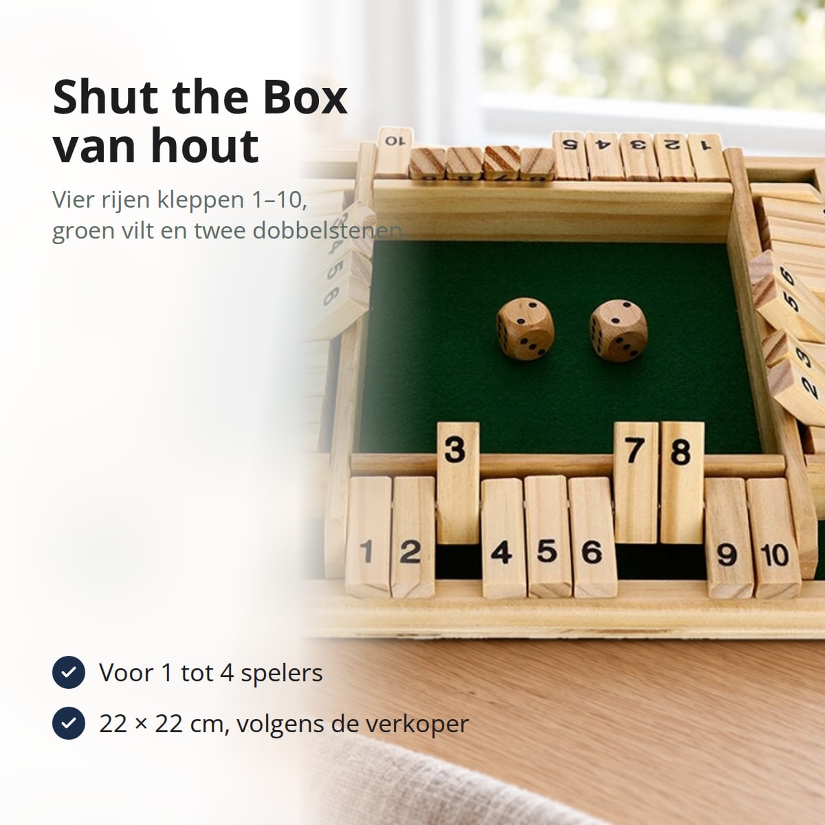Shut the Box dobbelspel van hout met vier rijen kleppen 1–10, groen vilt en twee dobbelstenen