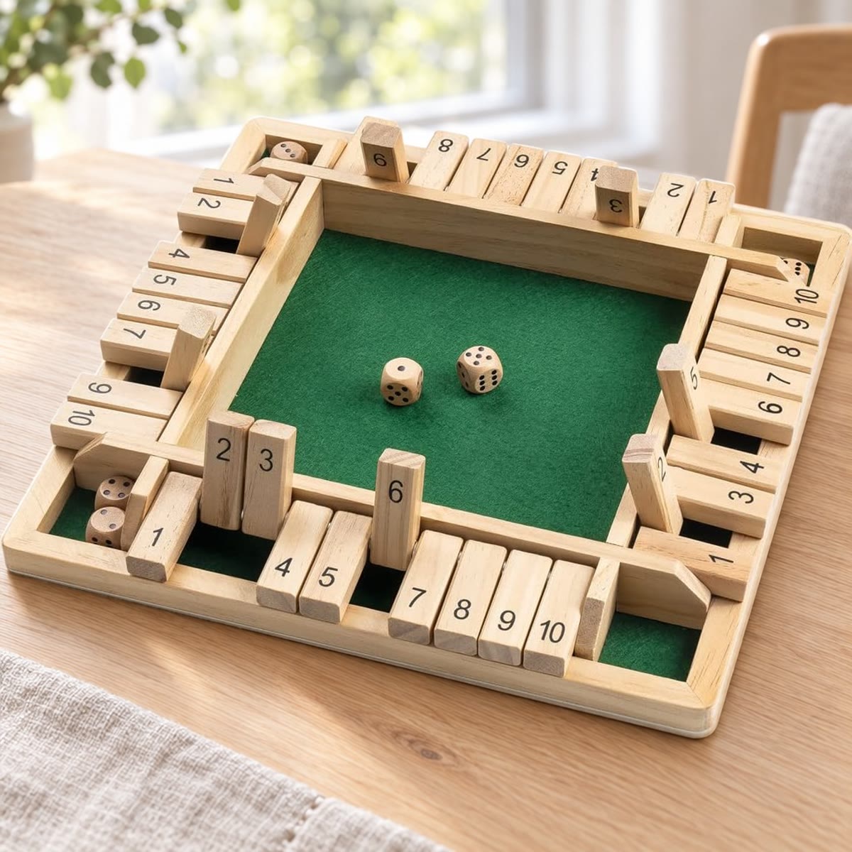 Het bord schuin van boven gezien, met een paar kleppen dicht en de dobbelstenen in het midden, op een eikenhouten tafel