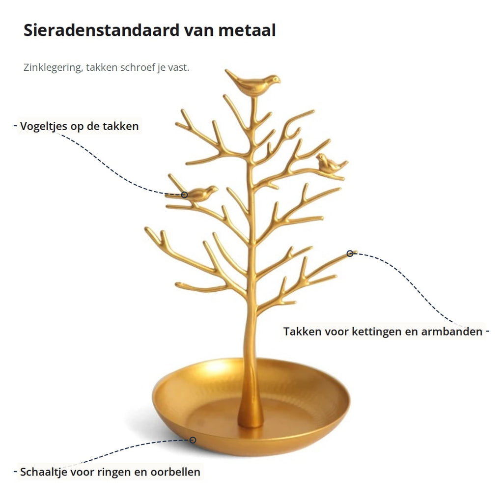 De sieradenstandaard met aanduidingen: vogeltjes op de takken, takken voor kettingen en armbanden en een schaaltje voor ringen en oorbellen