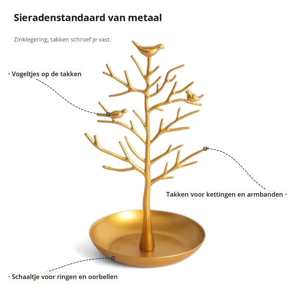 De sieradenstandaard met aanduidingen: vogeltjes op de takken, takken voor kettingen en armbanden en een schaaltje voor ringen en oorbellen