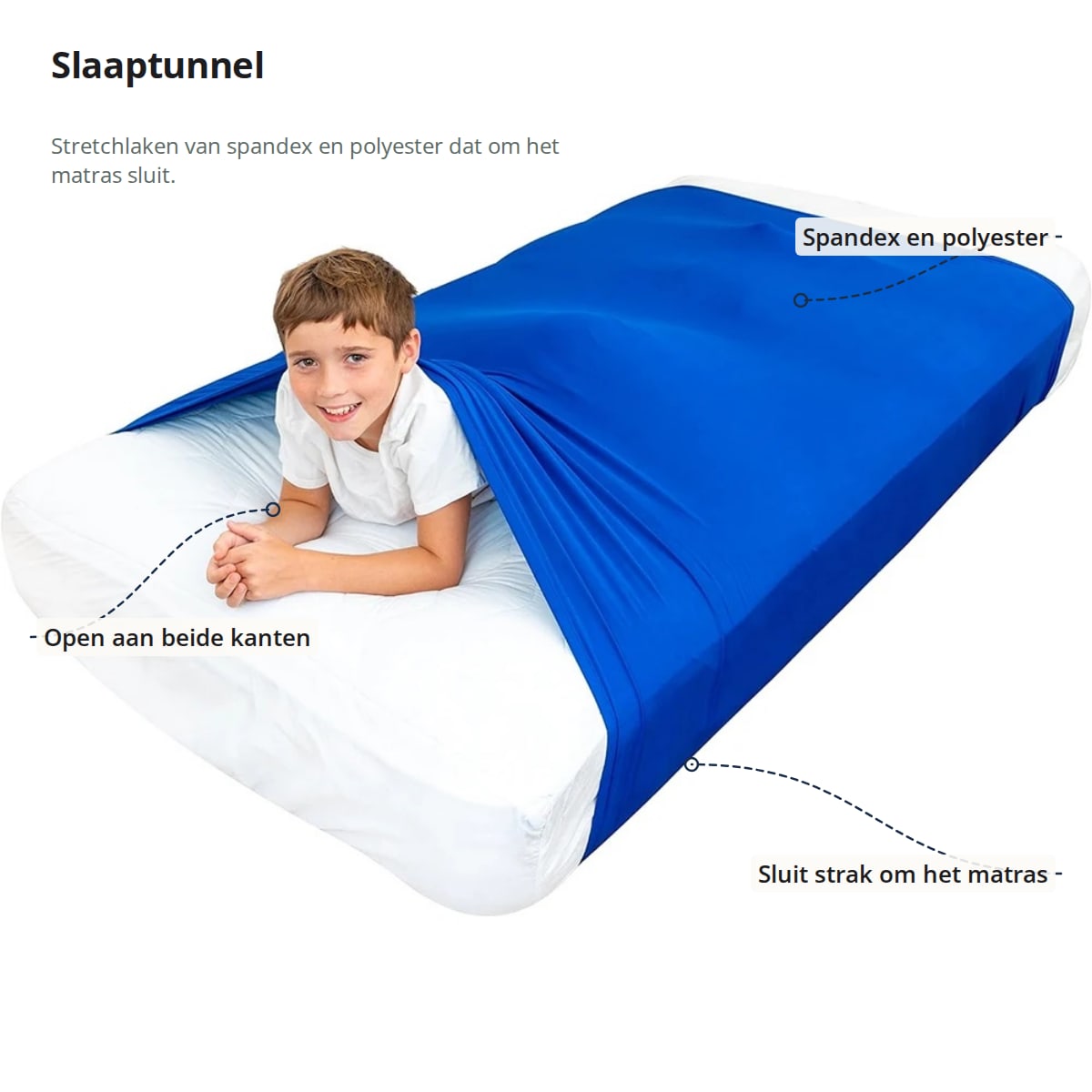 Slaaptunnel met aanduidingen: open aan beide kanten, stof van spandex en polyester, sluit strak om het matras