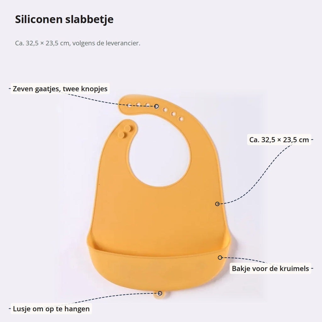 Siliconen slabbetje met aanduidingen: zeven gaatjes en twee knopjes in de hals, afmetingen, opvangbakje en lusje om op te hangen