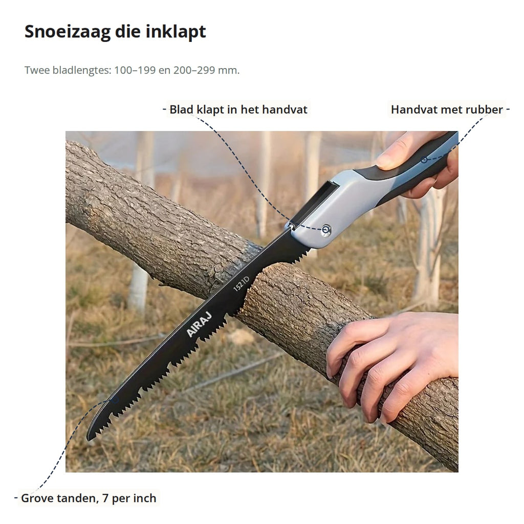 Snoeizaag met aanduidingen: grove tanden, het blad dat in het handvat klapt en het handvat met rubber