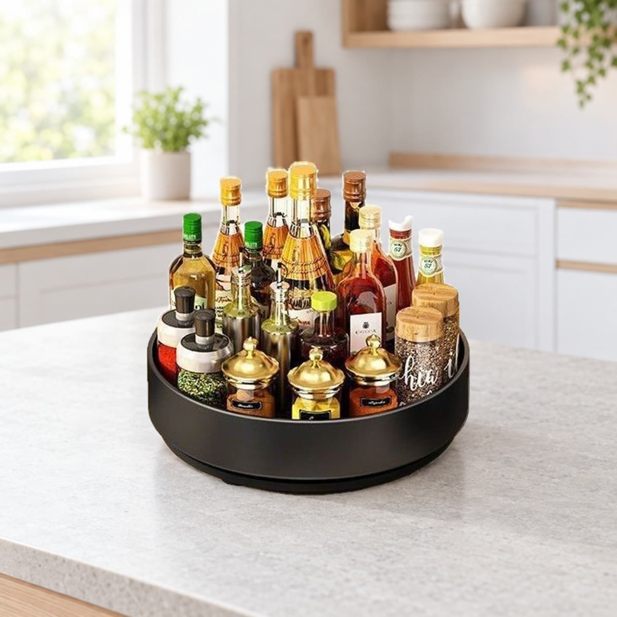 Het draaiplateau met kruidenpotjes en olie- en azijnflessen op een lichtgrijs stenen aanrecht in een witte Scandinavische keuken