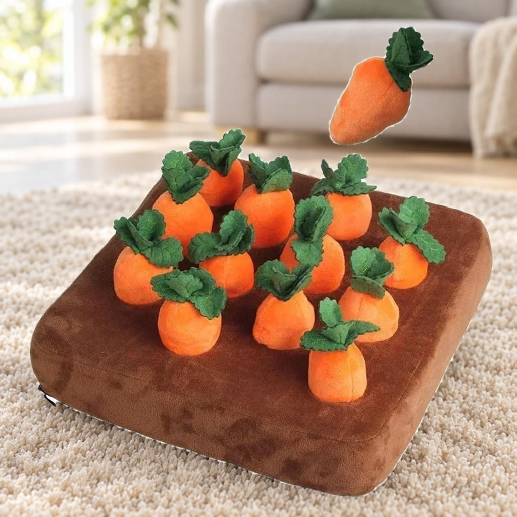 De plaat van de snuffelmat met twaalf pluche wortels op een beige kleed in een woonkamer