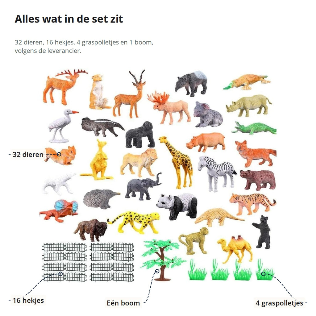 De inhoud van de set met aanduidingen: 32 dieren, 16 hekjes, één boom en 4 graspolletjes