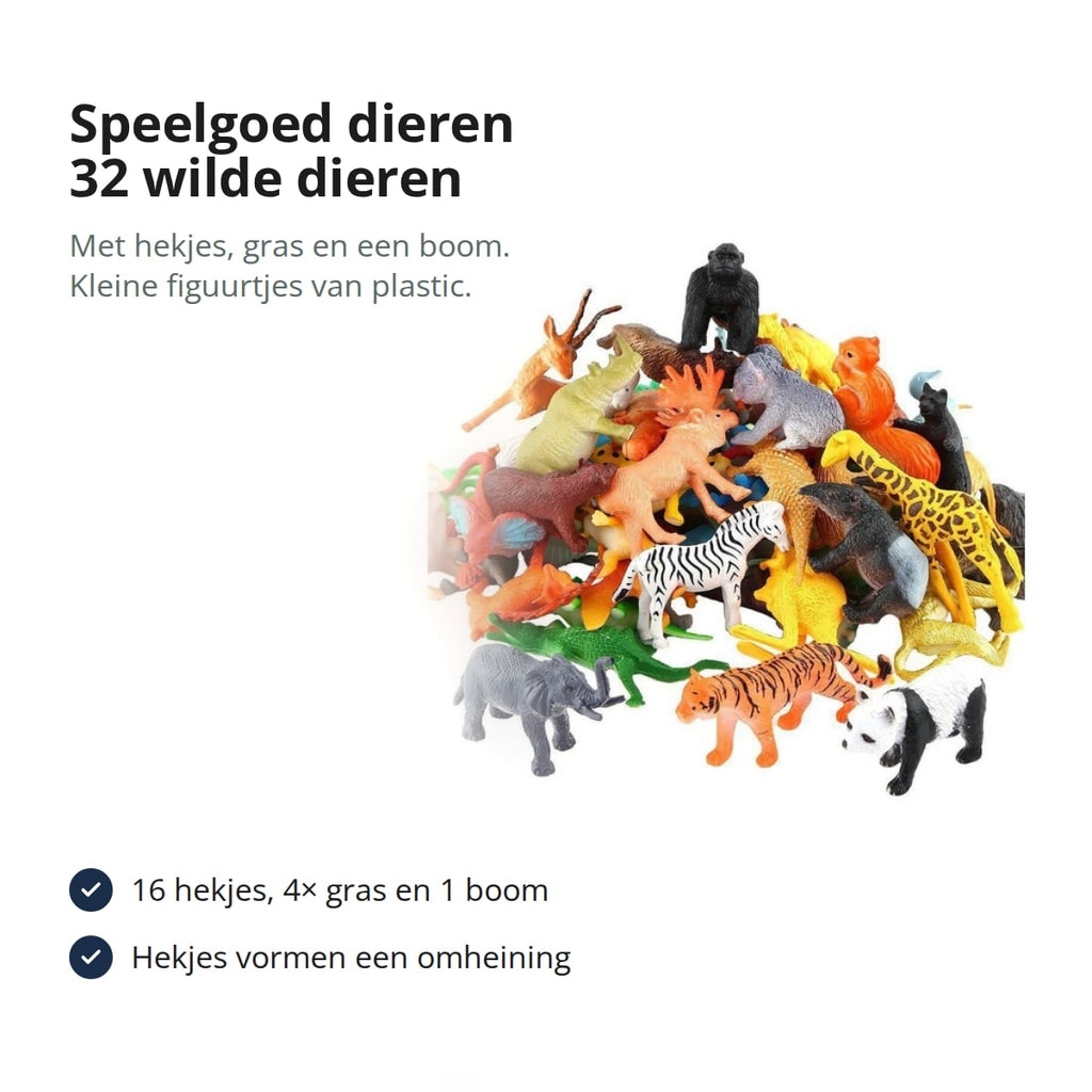 Kleine wilde speelgoeddieren van plastic op een stapel, met de tekst: speelgoed dieren, 32 wilde dieren, met hekjes, gras en een boom, kleine figuurtjes van plastic; 16 hekjes, 4 graspolletjes en 1 boom; de hekjes vormen een omheining