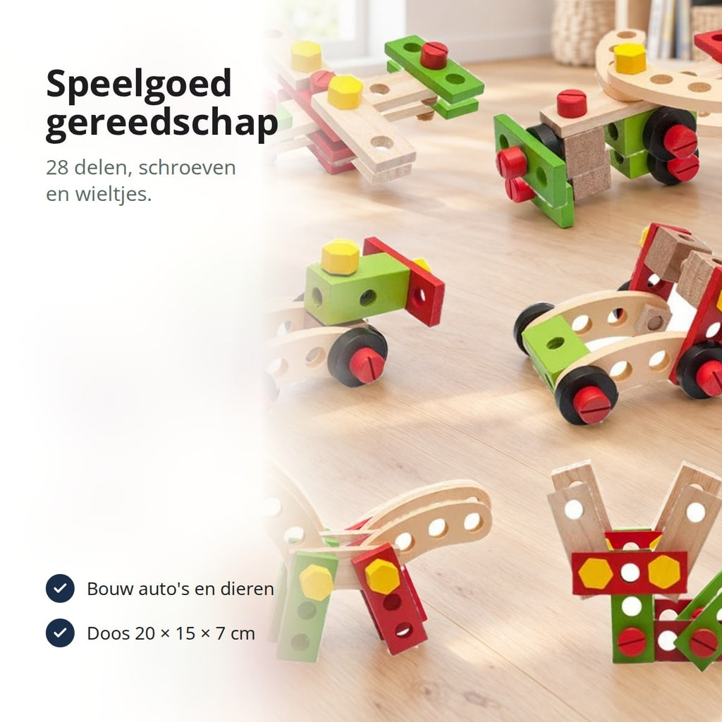 Houten bouwset voor kinderen, in elkaar gezet tot vliegtuigen en auto's op een houten vloer, met de tekst: 28 delen, schroeven en wieltjes, bouw auto's en dieren, doos 20 × 15 × 7 cm