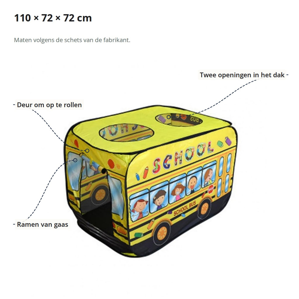 Speeltent in de vorm van een schoolbus met aanduidingen: oprolbare deuropening, ramen van gaas en twee openingen in het dak