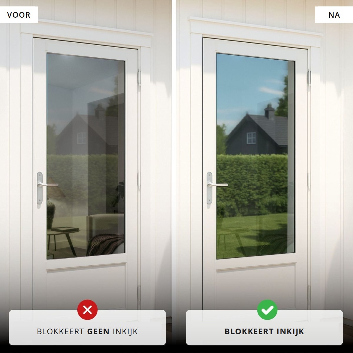 Spiegelfolie voor en na: blokkeert overdag de inkijk in de voordeur