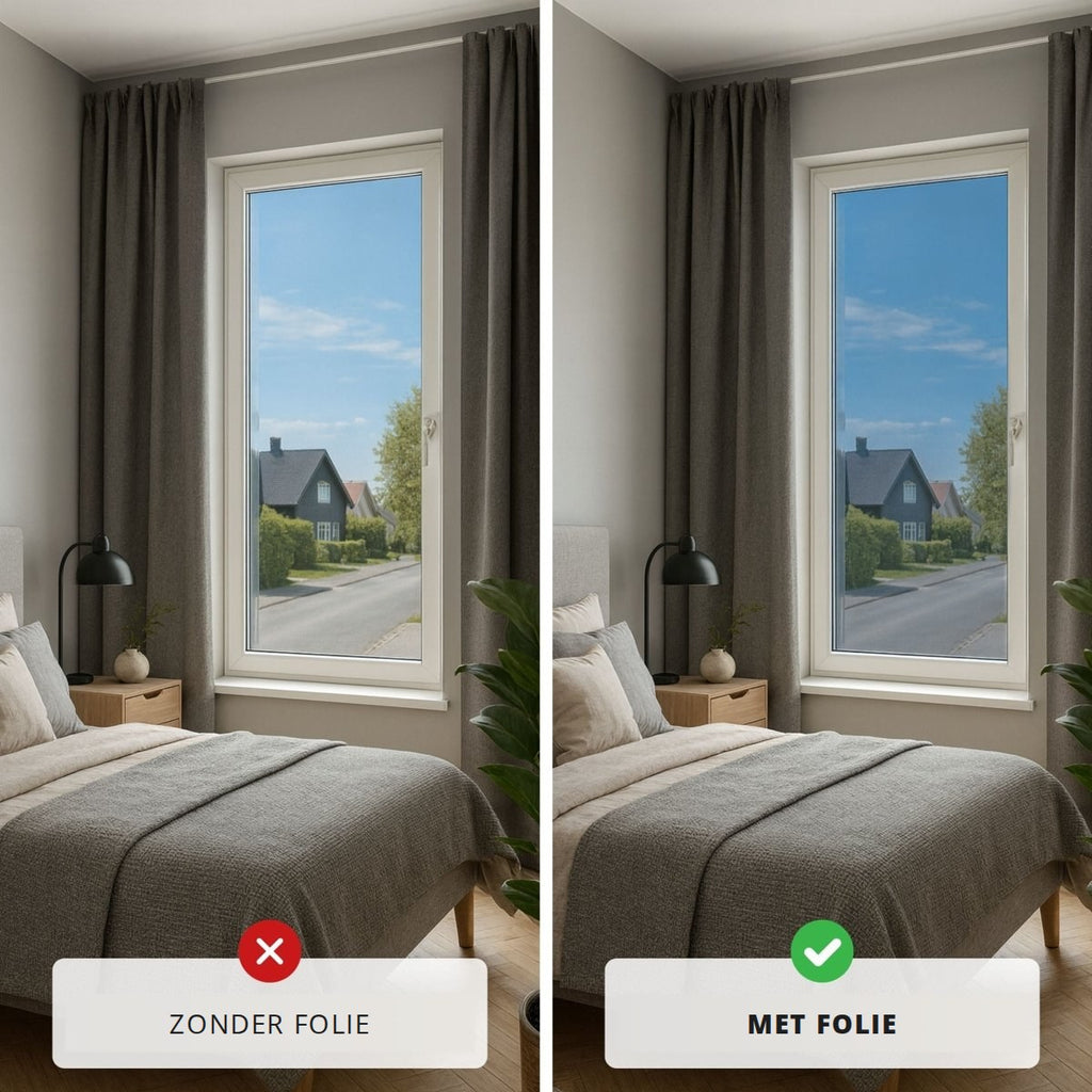 Slaapkamer zonder en met spiegelfolie: naar buiten kijken, niet naar binnen