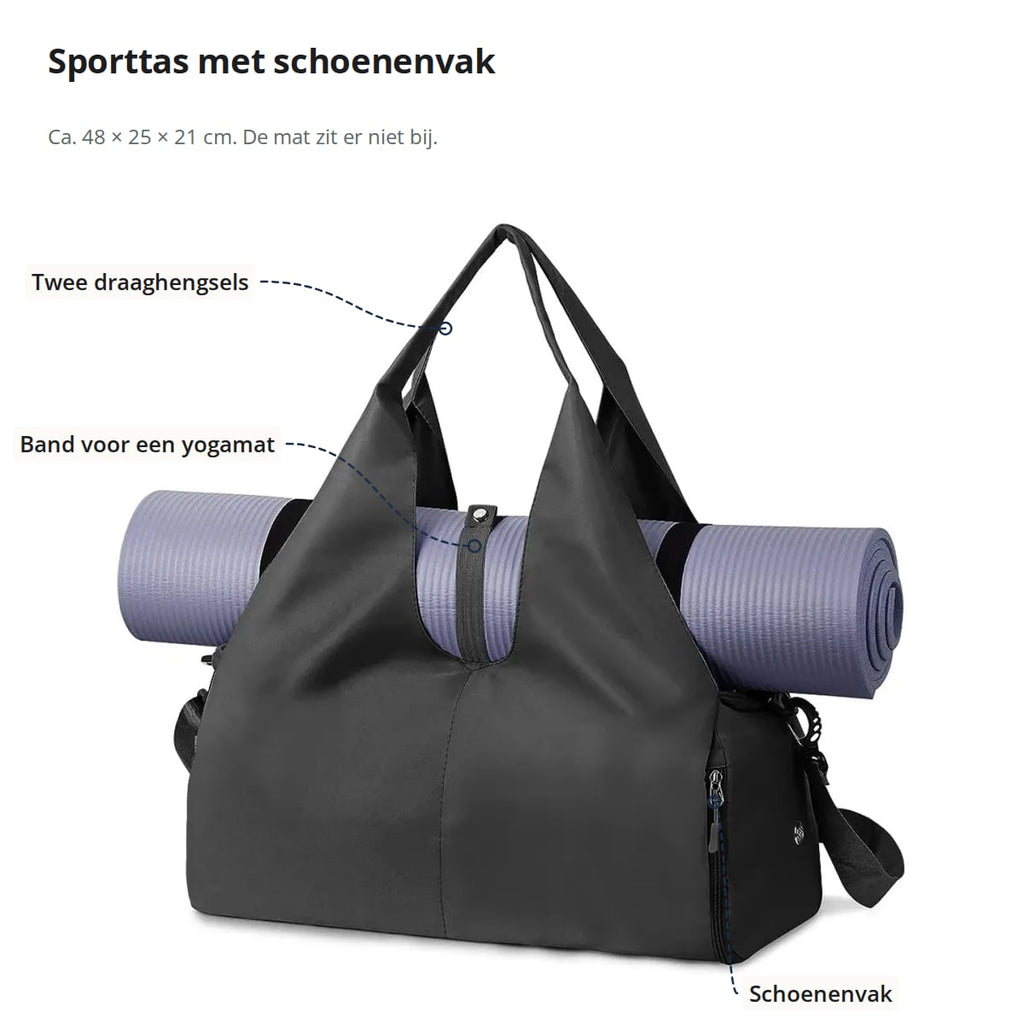 De zwarte sporttas met aanduidingen: twee draaghengsels, band voor een yogamat en schoenenvak aan het uiteinde
