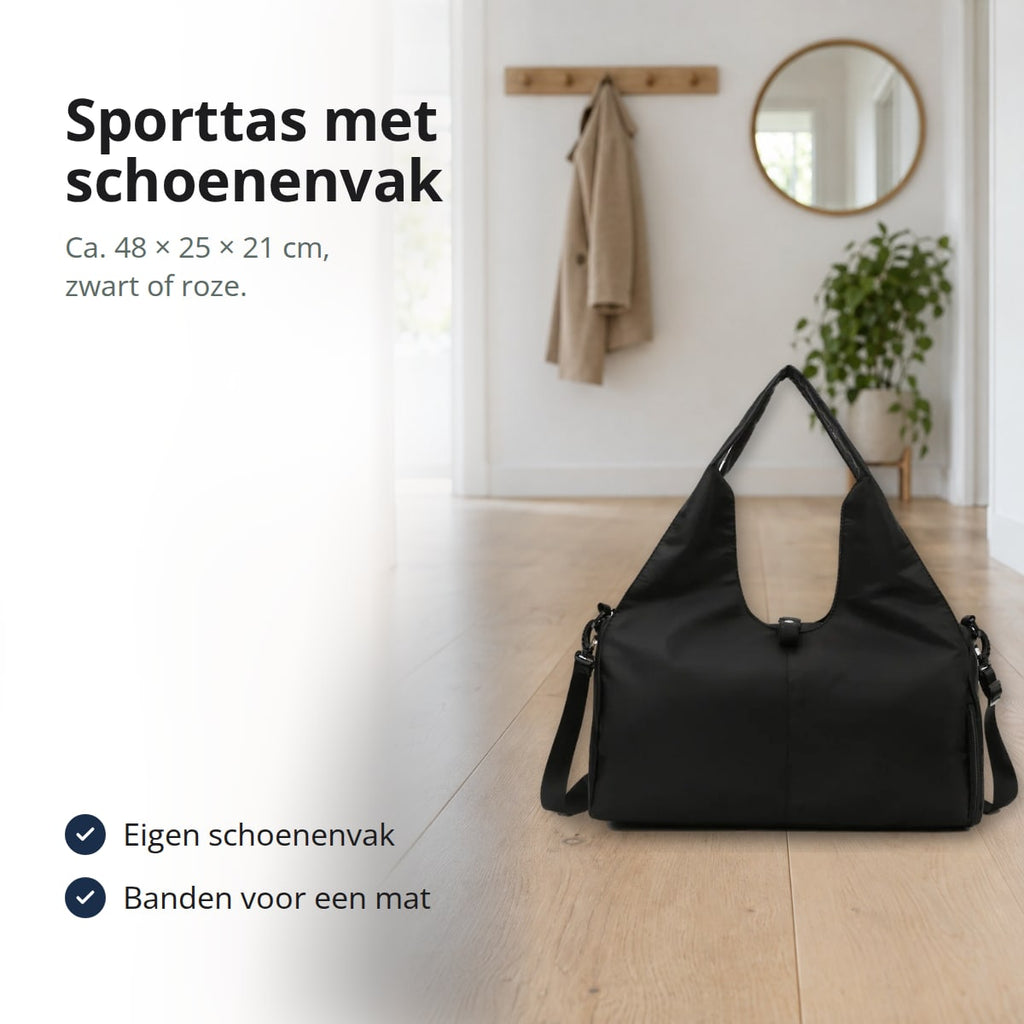 Zwarte sporttas met schoenenvak, met tekst: eigen schoenenvak, banden voor een yogamat