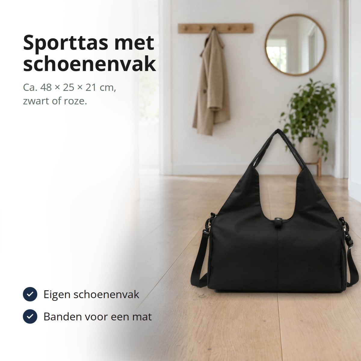 Zwarte sporttas met schoenenvak, met tekst: eigen schoenenvak, banden voor een yogamat