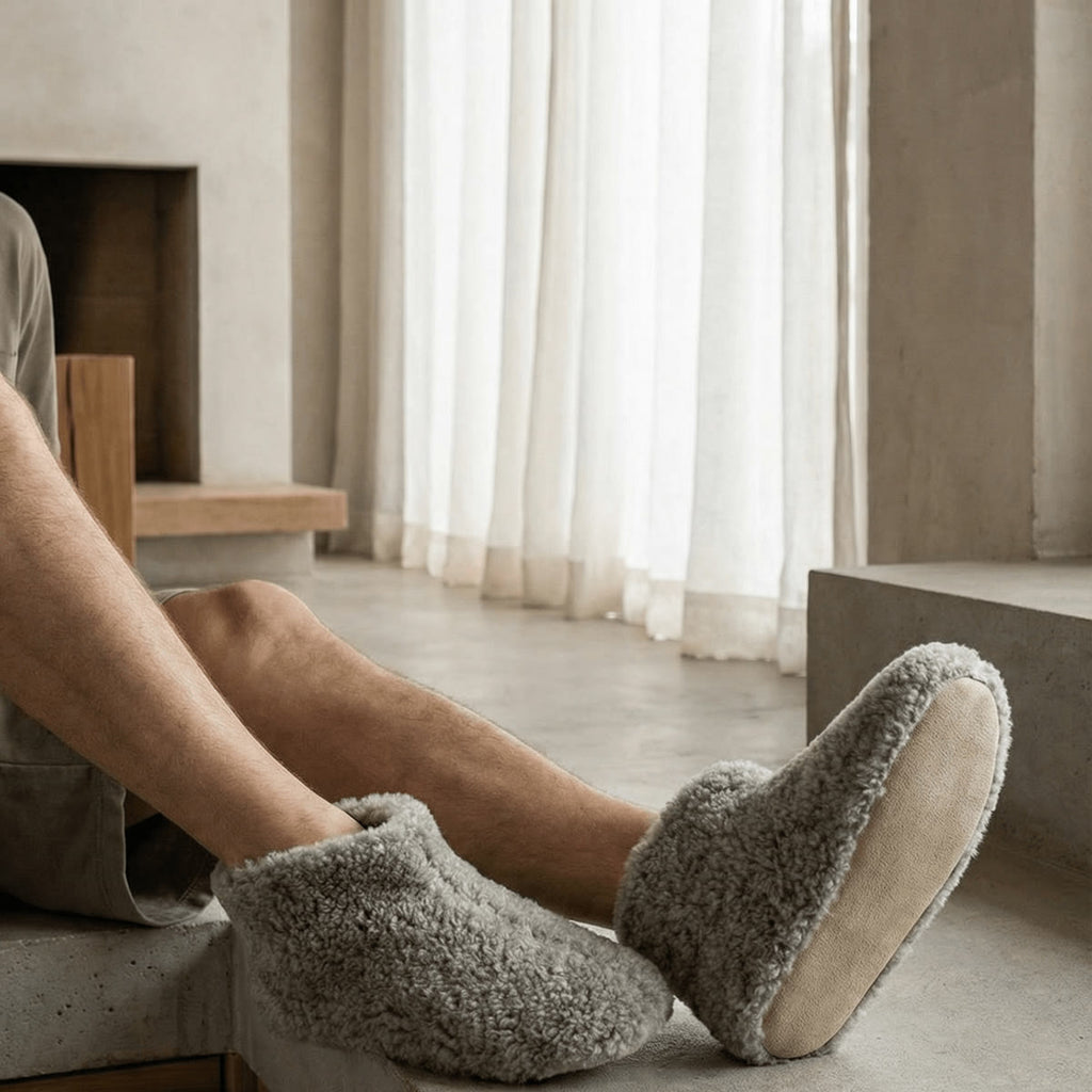 Wollen pantoffels van zachte wol met leren zool, hoog model – Lichtgrijs