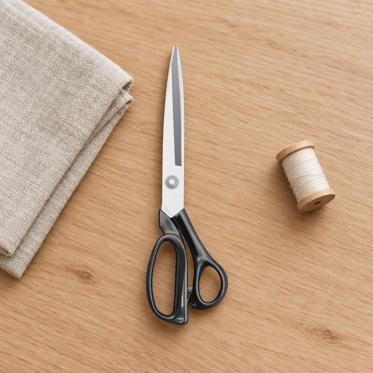 Stofschaar van bovenaf op een lichte houten tafel, met linnen en een klosje garen ernaast