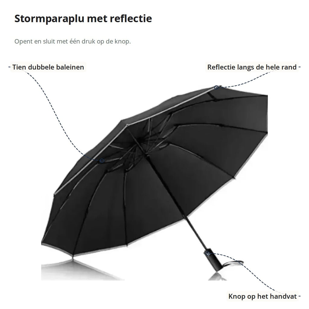 Stormparaplu met tien dubbele baleinen, reflecterende rand en knop op het handvat aangegeven