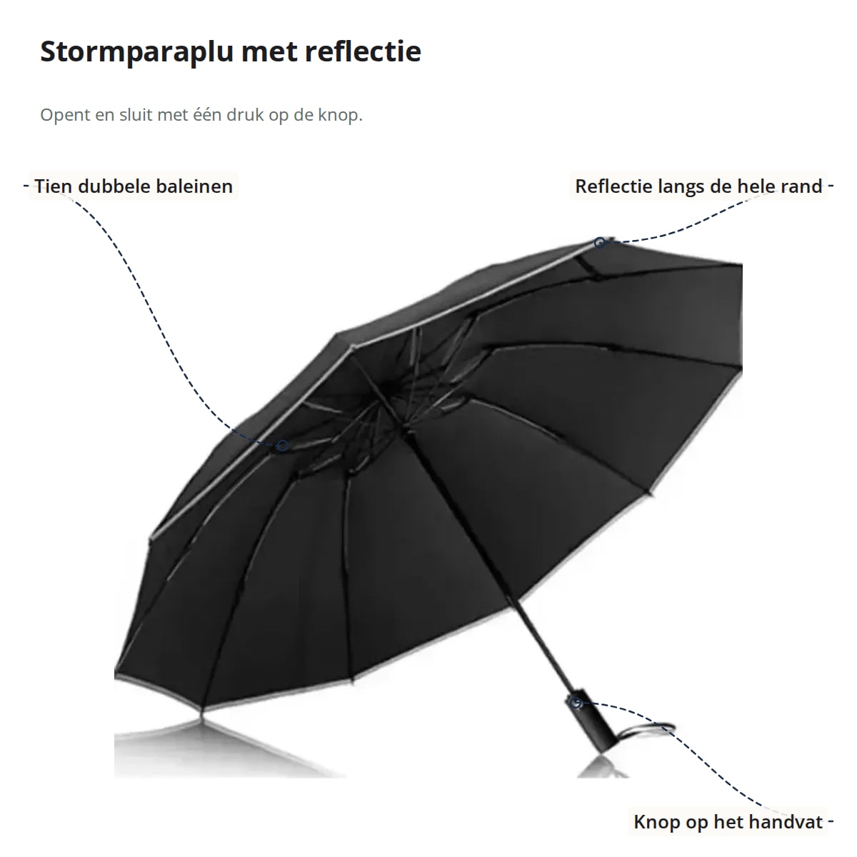 Stormparaplu met tien dubbele baleinen, reflecterende rand en knop op het handvat aangegeven