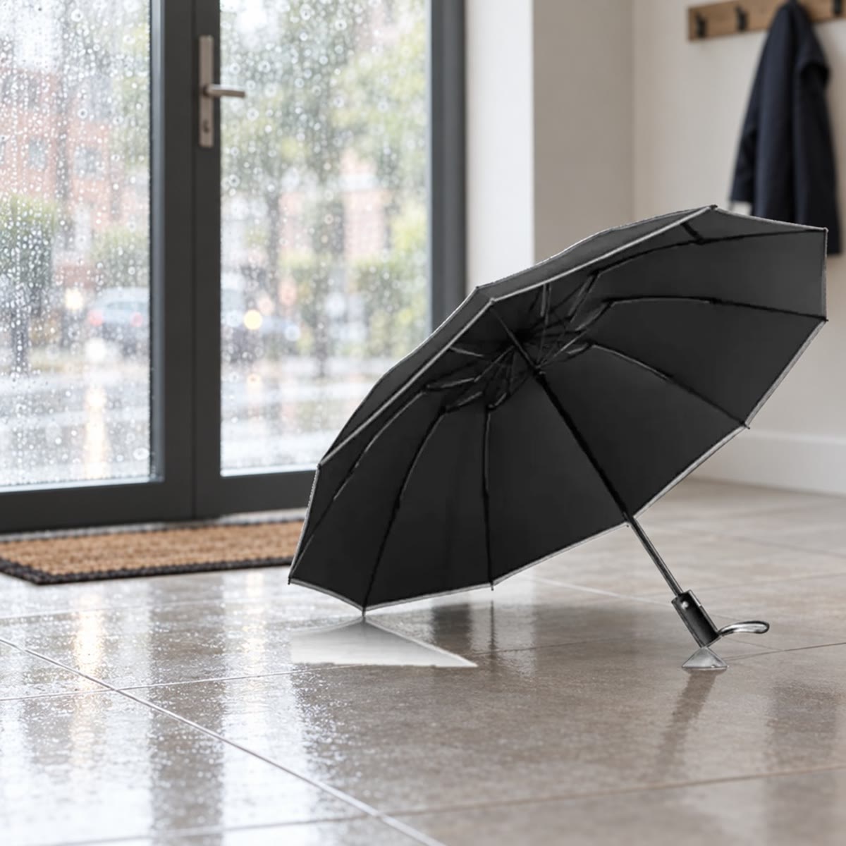 Zwarte stormparaplu te drogen op de tegelvloer van een gang bij een glazen deur met regen