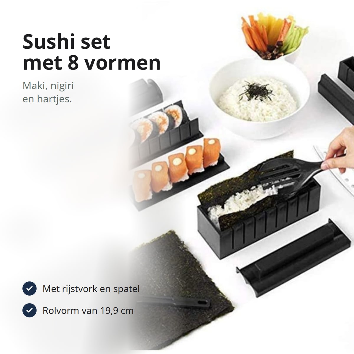 Sushi set met vormen, rijstvork en spatel naast nori, rijst en sushi, met de tekst: met rijstvork en spatel, rolvorm van 19,9 cm