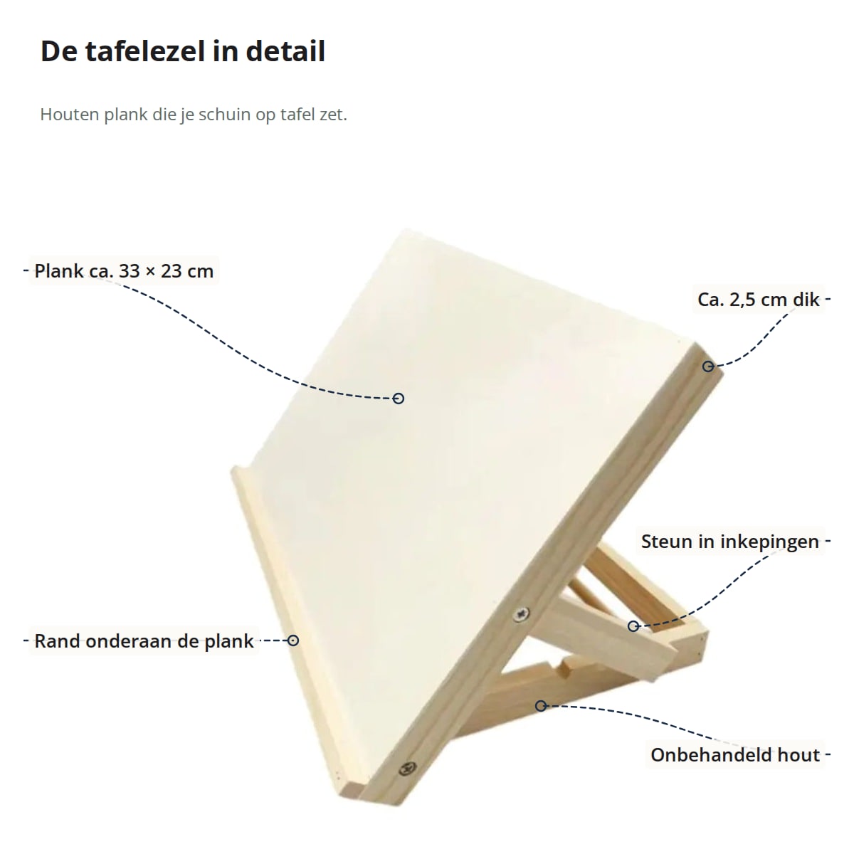 Tafelezel met aanduidingen: de plank van ca. 33 × 23 cm, de dikte, de steun in de inkepingen, de rand onderaan en het onbehandelde hout