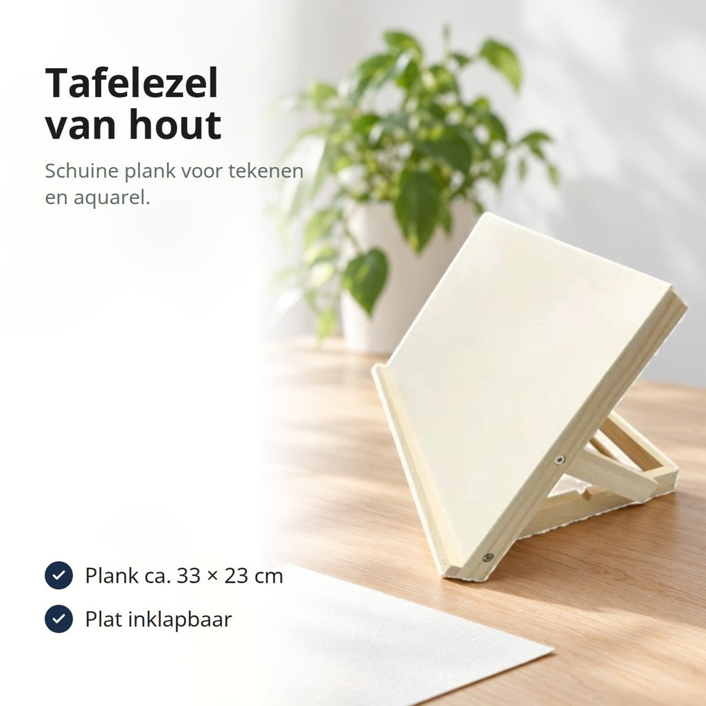 Tafelezel van licht, onbehandeld hout met schuine plank op een eikenhouten tafel bij een raam, met de tekst: schuine plank voor tekenen en aquarel, plank ca. 33 × 23 cm, plat inklapbaar