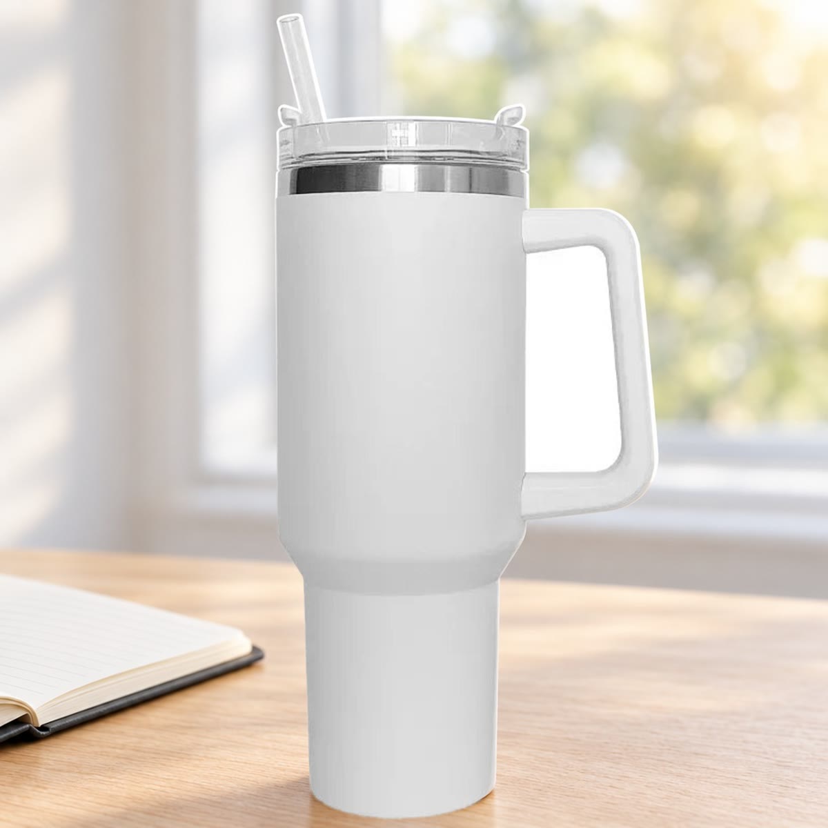 Witte drinkbeker met handvat en rietje op een licht bureau bij een raam