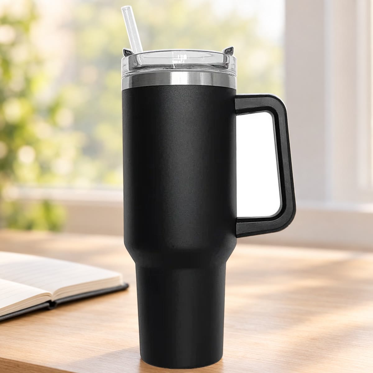 Zwarte drinkbeker met handvat en rietje op een licht bureau
