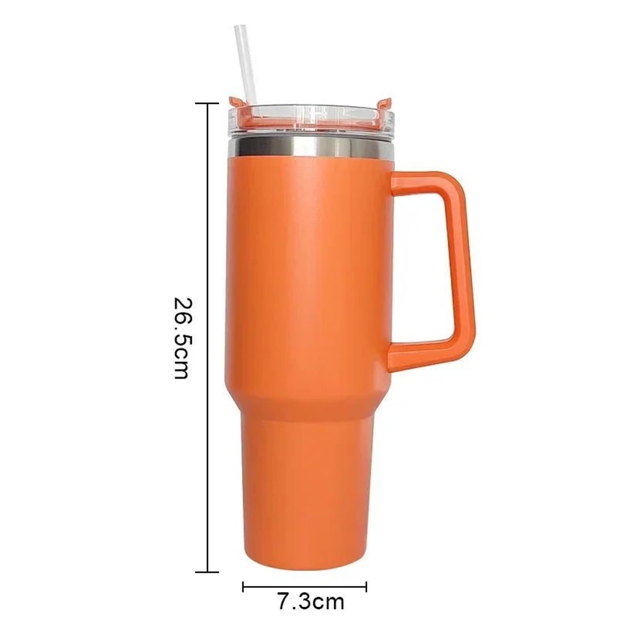 Maatschets van de beker in oranje: 26,5 cm hoog en 7,3 cm diameter onderaan