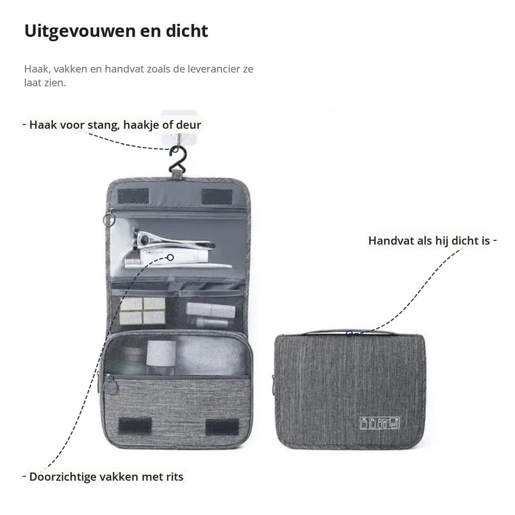 De grijze toilettas uitgevouwen en dicht, met aanduidingen: haak, doorzichtige vakken met rits en handvat