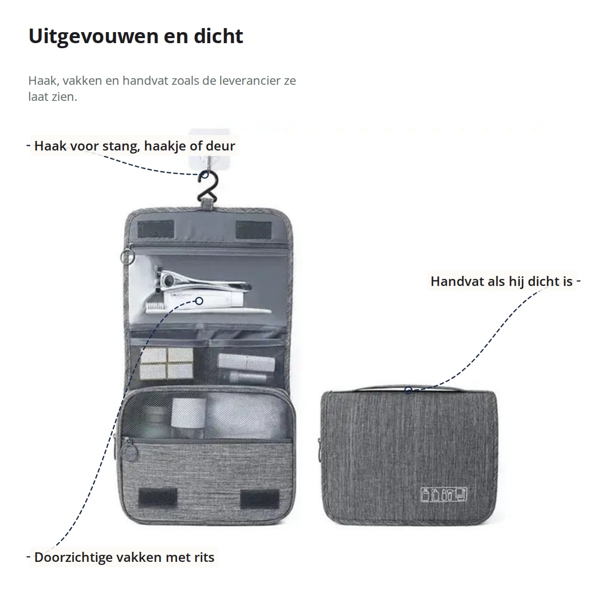 De grijze toilettas uitgevouwen en dicht, met aanduidingen: haak, doorzichtige vakken met rits en handvat