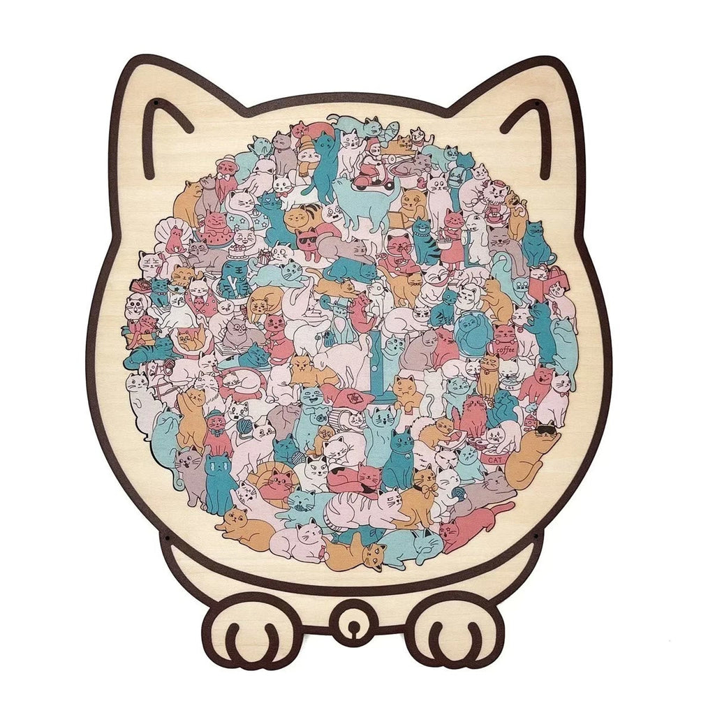 De houten puzzel in Macaron-kleuren, afgemaakt in de kattenlijst