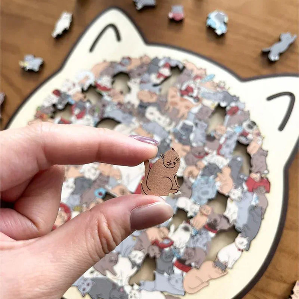 Een hand die een stukje in kattenvorm op zijn plek legt in de puzzel