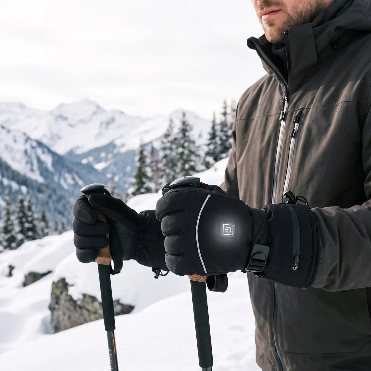 Man houdt skistokken vast met de verwarmde handschoenen aan in een besneeuwd berglandschap