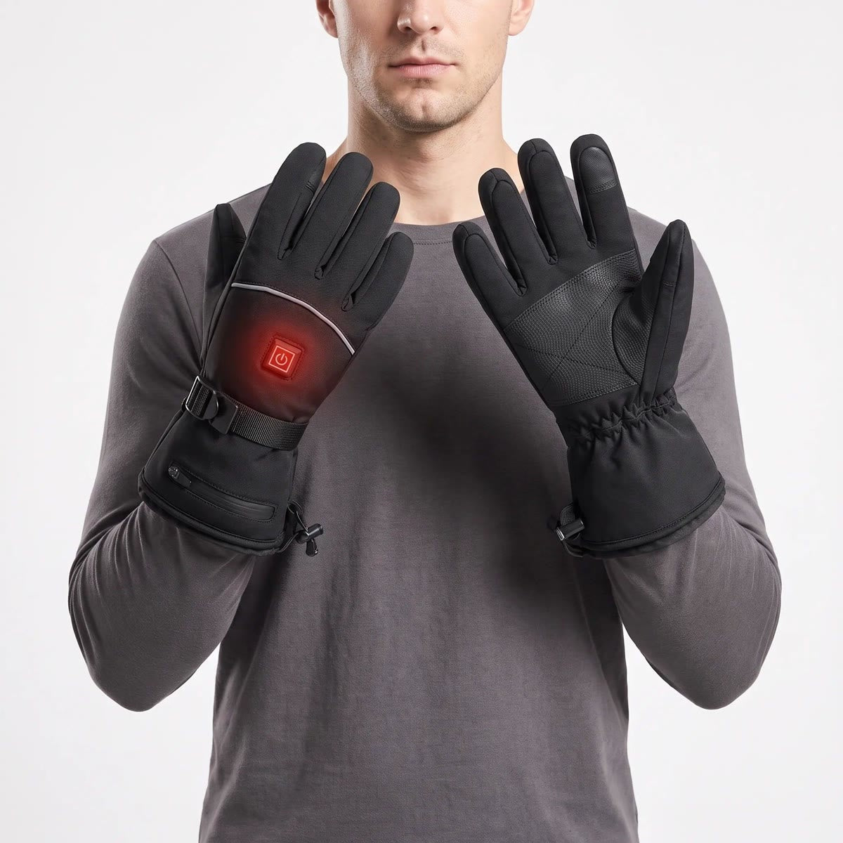 Man laat de verwarmde handschoenen zien, met het rood oplichtende warmtelampje op de handrug