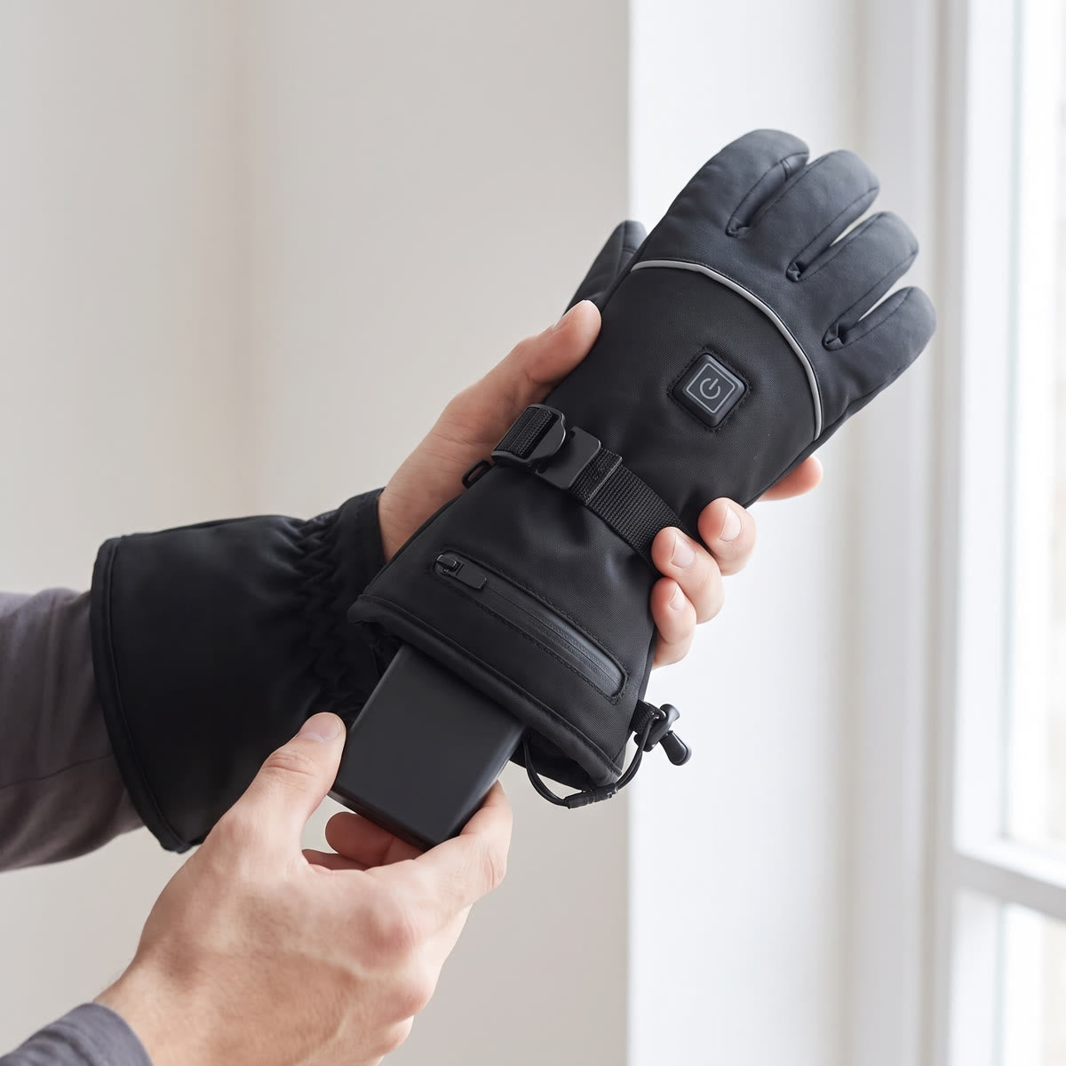 Hand schuift de batterij in het vakje in de manchet van de verwarmde handschoen
