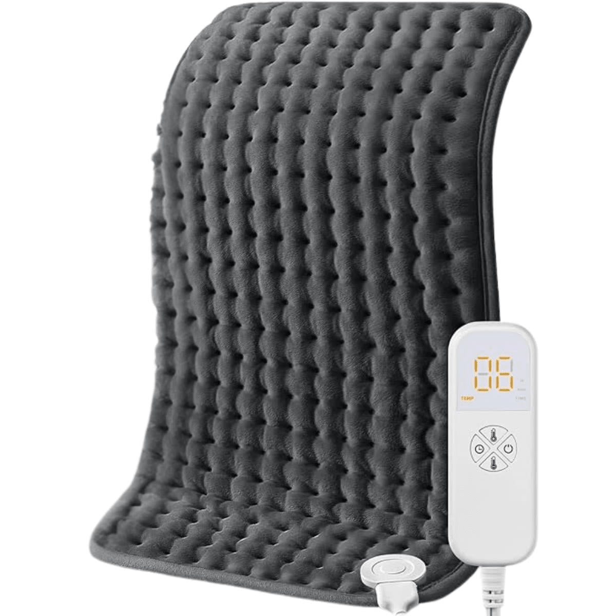 Het warmtekussen van grijze fleece rechtop, met bediening en snoer, op een witte achtergrond