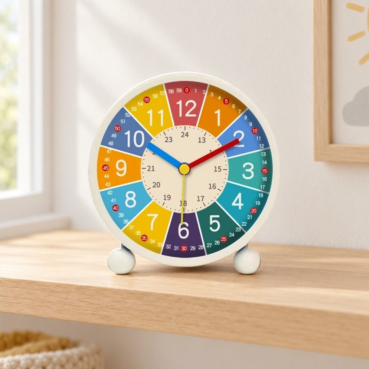 De kinderwekker op een eikenhouten plank in een lichte kinderkamer, met kleurige wijzerplaat en witte rand